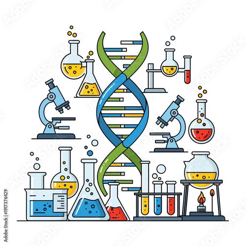 DNA helix surrounded by scientific research equipment, microscopes, and test tubes