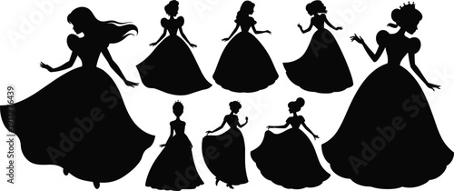 Group of silhouetted princesses in elegant gowns on white background Keywords: princess, silhouette, woman, girl, female