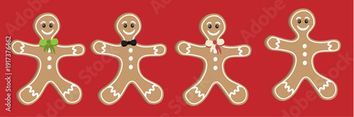 Gingerbread men with different accessories on red