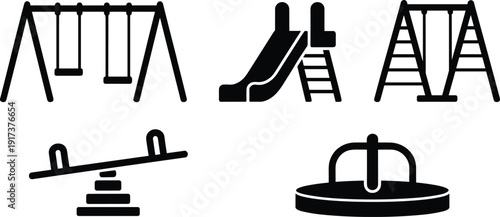 Black playground equipment icons set with swings slide seesaw and merry go round isolated on white background, vector silhouettes