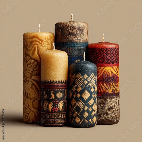 Colorful Candles with Tribal Patterns on Beige Background