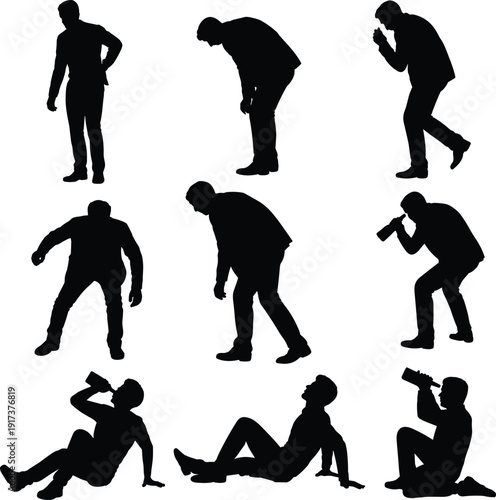 Black silhouettes of man in various poses of physical pain and intoxication isolated on white background, vector illustration set