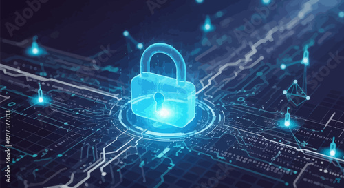 Glowing blue padlock on circuit board with futuristic security elements