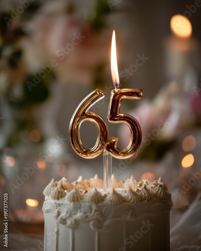 Golden Candle 65 on Creamy Birthday Cake Surrounded by Flowers
