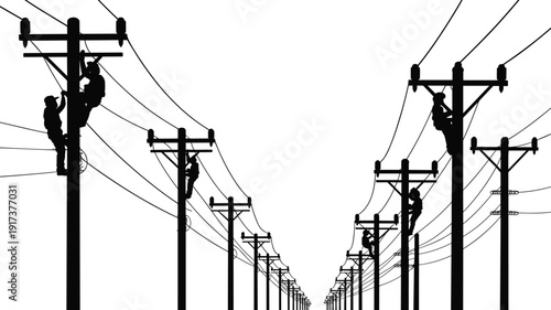 Perspective view of linemen working on utility poles and power lines on white background electricity