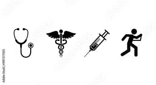Medical symbols including a stethoscope caduceus syringe and running person