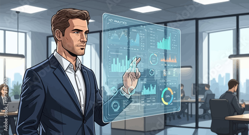 Businessman analyzing key analytics data on virtual screen
