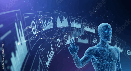 Humanoid robot interacts with futuristic data screens