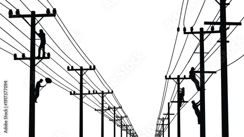 Perspective view of multiple power poles with electricians working on wires Keywords: power pole, electricity, utility pole
