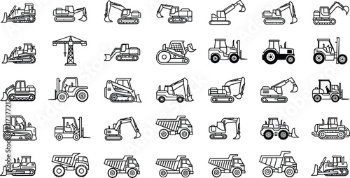 Construction machinery icon set featuring excavators bulldozers loaders cranes dump trucks forklifts heavy equipment outline vector illustration collection for industrial engineering projects