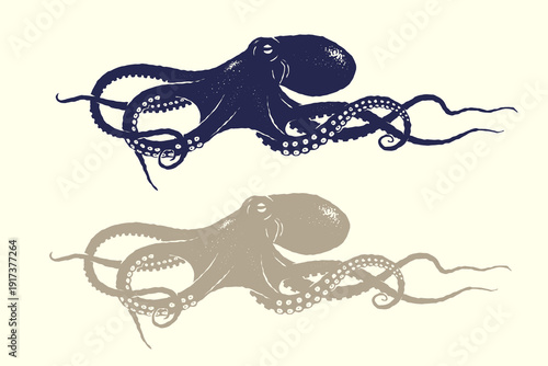 Vintage octopus vector illustration in hand drawn silhouette textured vintage ink details style, retro octopus with flowing tentacles in two color variations isolated on white background