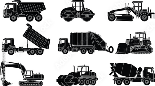 Construction vehicles silhouettes, dump truck, road roller, motor grader, garbage truck, bulldozer, excavator, cement mixer, heavy machinery icons, industrial equipment illustration