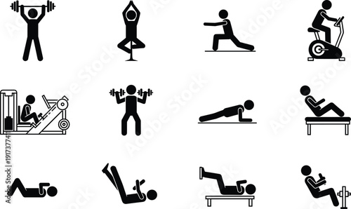 Fitness exercise icons, weightlifting, yoga, stretching, cycling, strength training, plank, sit-ups, crunches, leg raises, hip thrusts, rowing machine workout