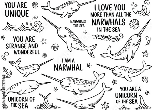 Black and white of narwhals with various text messages unicorn
