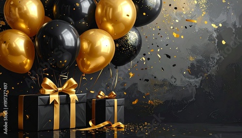 Elegant Celebration with Black and Gold Balloons and Gifts for Special Occasions.