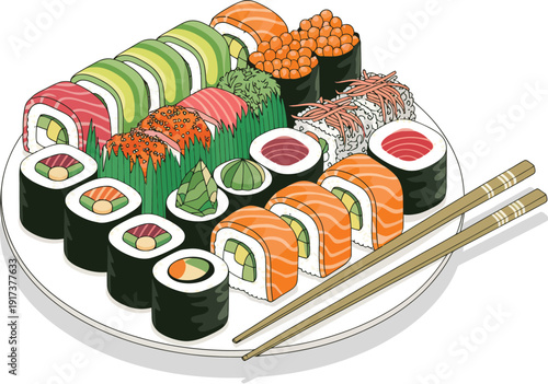 Assorted Sushi Rolls and Sashimi on a White Plate with Chopsticks