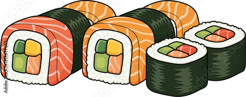 Colorful sushi rolls with salmon and vegetables on white background green