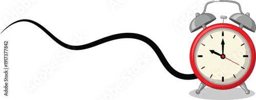 Red alarm clock illustration with flowing black timeline concept, time management reminder isolated on white background for deadlines productivity planning design projects