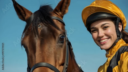 Cheerful horse racing jockey woman and her horse posing together, indicating a strong bond and a successful race