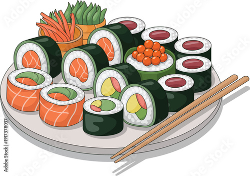 Assorted sushi rolls with chopsticks on a white plate salmon