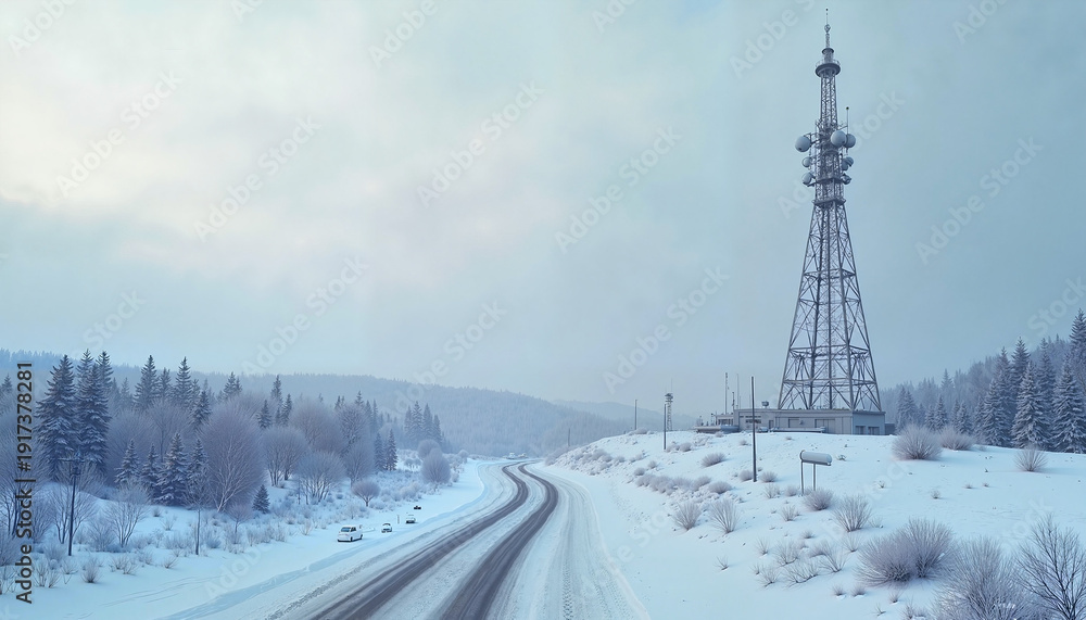 Obraz premium Snowy road with telecom tower in winter landscape 