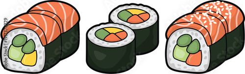 Colorful Sushi Rolls with Salmon and Vegetables on White Background green yellow