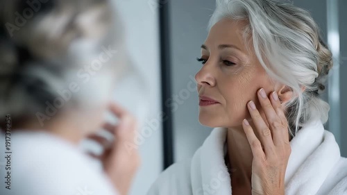 Beautiful mature woman applying moisturizer on face for skincare and wellness in mirror at bathroom. Skincare routine, Skin wellness