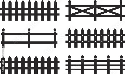 Black wooden fence silhouettes set with various picket and farm gate designs isolated on white background, vector illustration