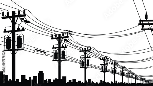 Silhouette of electrical transformers and power lines against a cityscape and white sky electricity utility pole