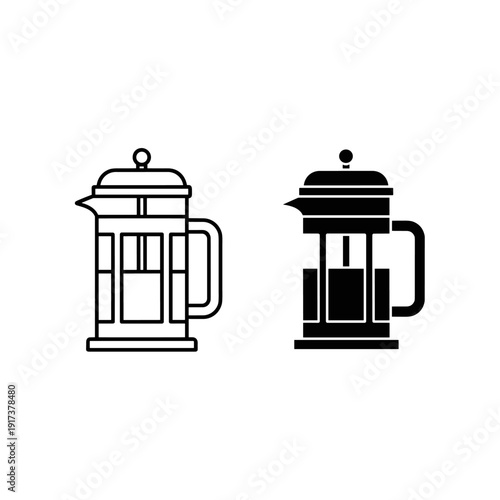 A black and white illustration of two french press coffee makers Vector