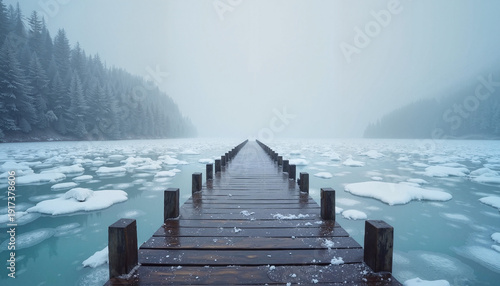 Serene wooden pier extending into icy lake under foggy winter sky
