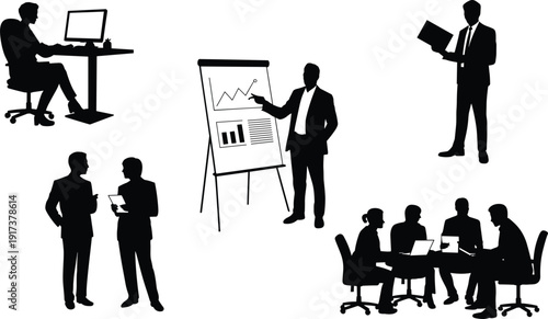 PrintBusiness silhouettes, office teamwork, corporate meeting, professional collaboration, presentation illustration, workplace diversity, discussion vector, modern business design