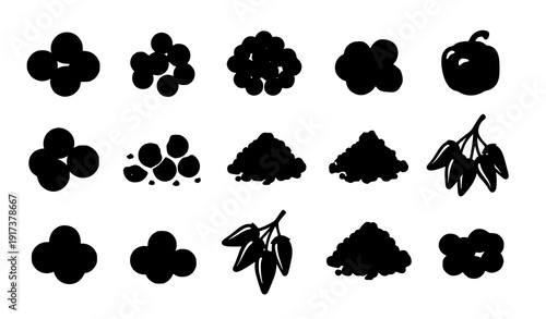 Black pepper vector drawing set with peppercorn clusters and spice elements
