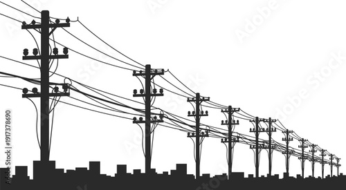 Silhouette of power lines and utility poles against a cityscape and white sky electricity infrastructure