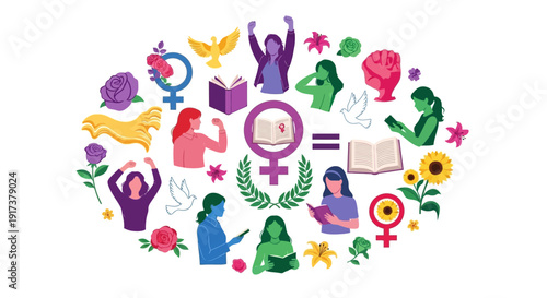 Vibrant illustration celebrating women's empowerment through education and equality