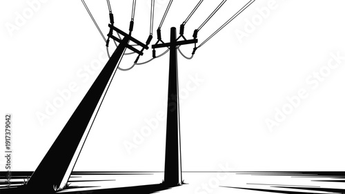 Silhouette of two leaning and upright power poles with wires on white background Keywords: power pole, electricity, utility pole