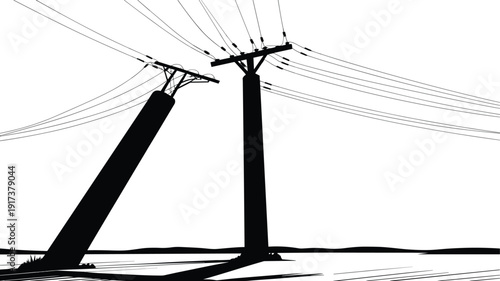 Silhouette of two power line poles with wires against white background electricity transmission