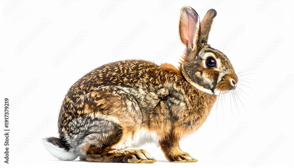 Fototapeta premium Isolated Cottontail Rabbit on White Background Wildlife Animal Portrait Brown Bunny Side View Cute Rabbit Close Up.