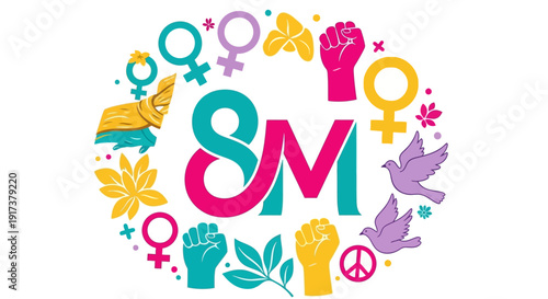 Vibrant feminist symbols and peace signs in colorful circular arrangement
