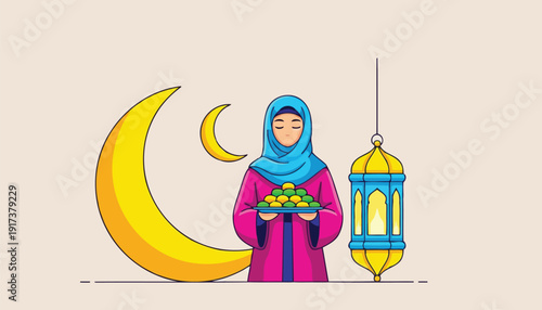 Muslim woman holding plate of sweets with moon and lantern vector
