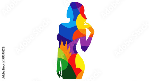 Vibrant woman in colorful mosaic pattern standing confidently