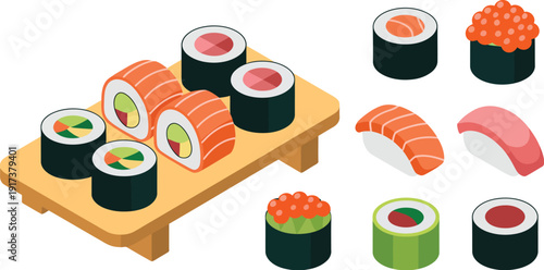 Assorted Sushi Rolls and Sashimi on a Wooden Plate with Individual Pieces Around