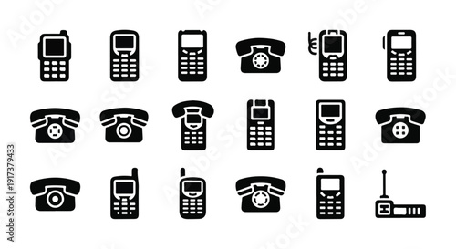 Graphic illustration of various old handheld telephone devices and rotary phones in black on a white background.