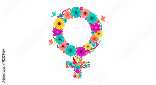 Vibrant floral female symbol with colorful flowers and birds flying
