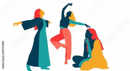 Three women in colorful outfits expressing emotions through dance and contemplation