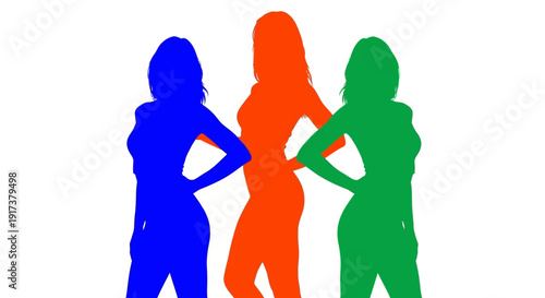 Three confident women standing together in colorful silhouettes
