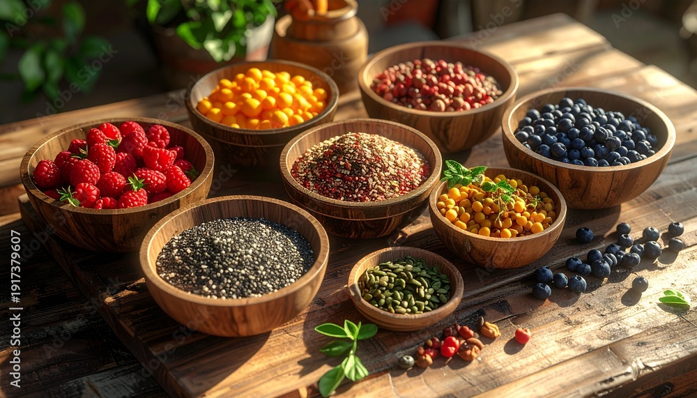 Fototapeta premium Assorted superfoods in wooden bowls on rustic background natural wellness and healthy eating concept organic lifestyle.