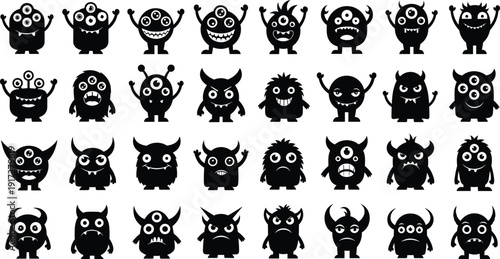 Large collection of flat black silhouette monster and alien character icons featuring diverse expressions and unique creature shapes for creative digital designs and gaming assets.