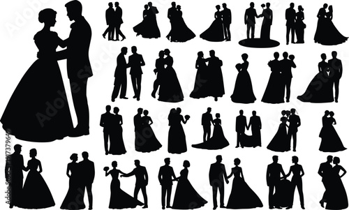 Silhouette wedding couples dancing and standing in various poses bride groom