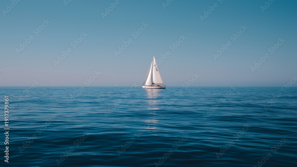 Obraz premium A beautiful sailboat dances on serene waters, with soft ripples reflecting the daylight sky Generative AI
